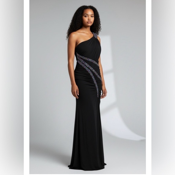 Jovani Dresses & Skirts - Holiday party ready Jovani Black One-Shoulder Dress sequins ruffled NWOT 8